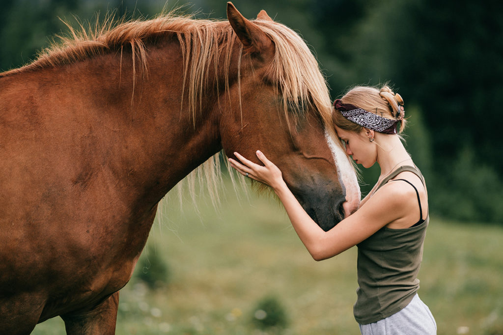 woman petting her horse during adventure therapy