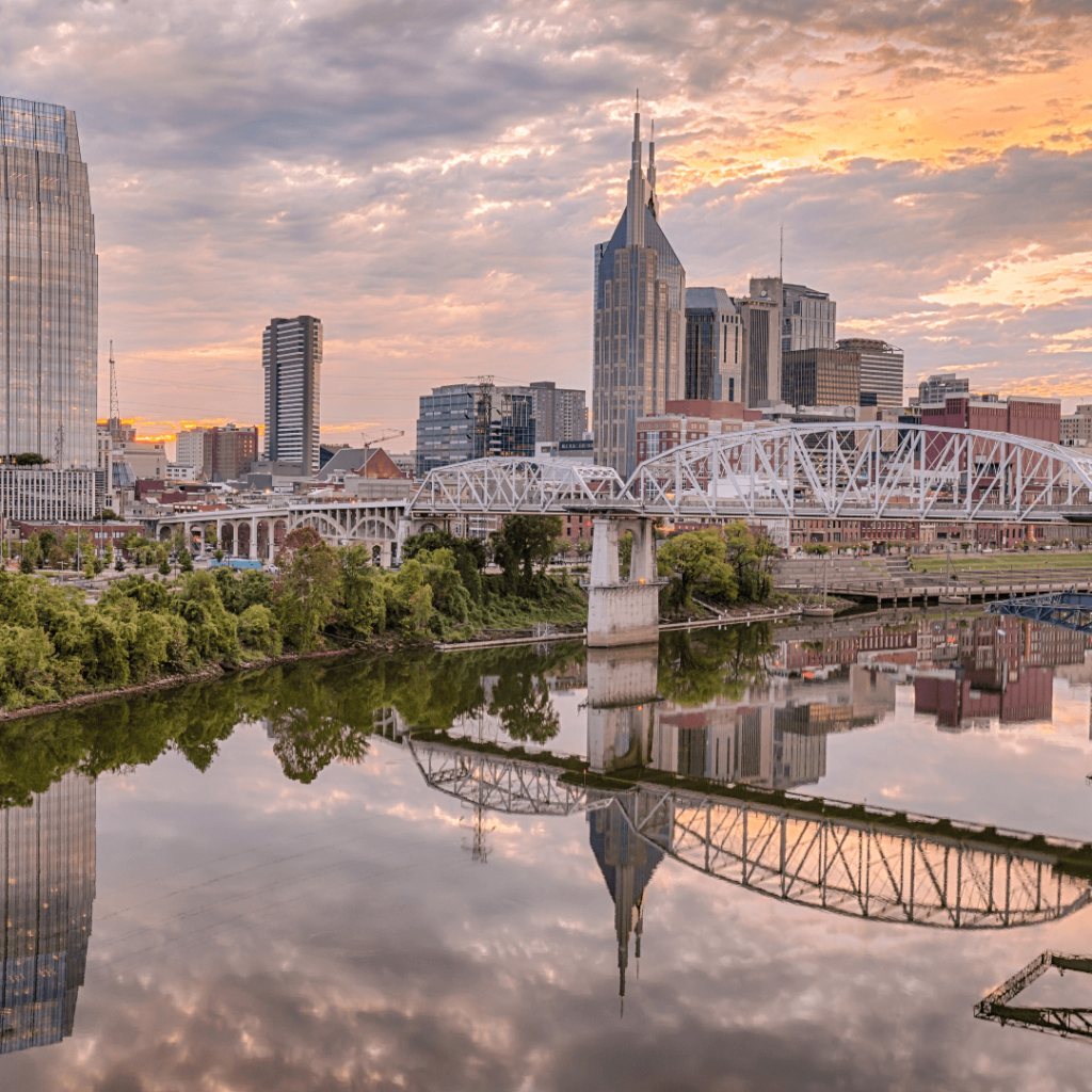 A picture of downtown Nashville during a sunset