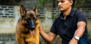 A Black and Tan German Shepherd bonds with her Handler whos holding her gently