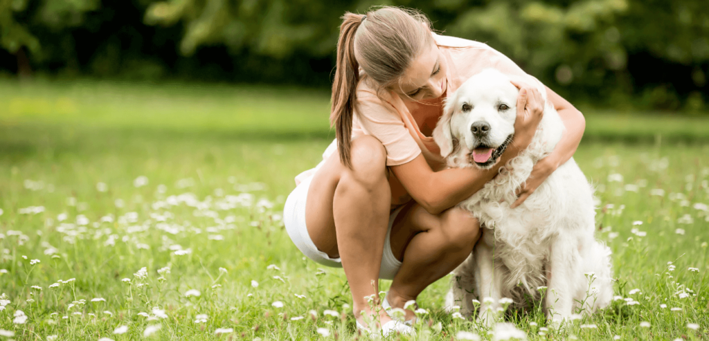 Woman cuddles her Golden Retriever dog friend in summer at garden