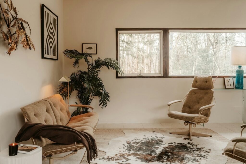 Optum drug rehab room with vintage furniture and plants